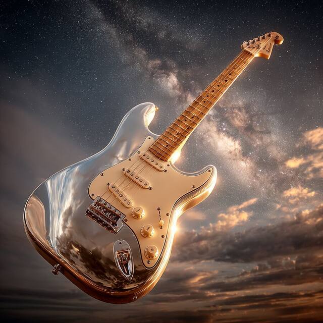 Stratocaster in Orbit, an artwork on view at Hair Studio & Gallery